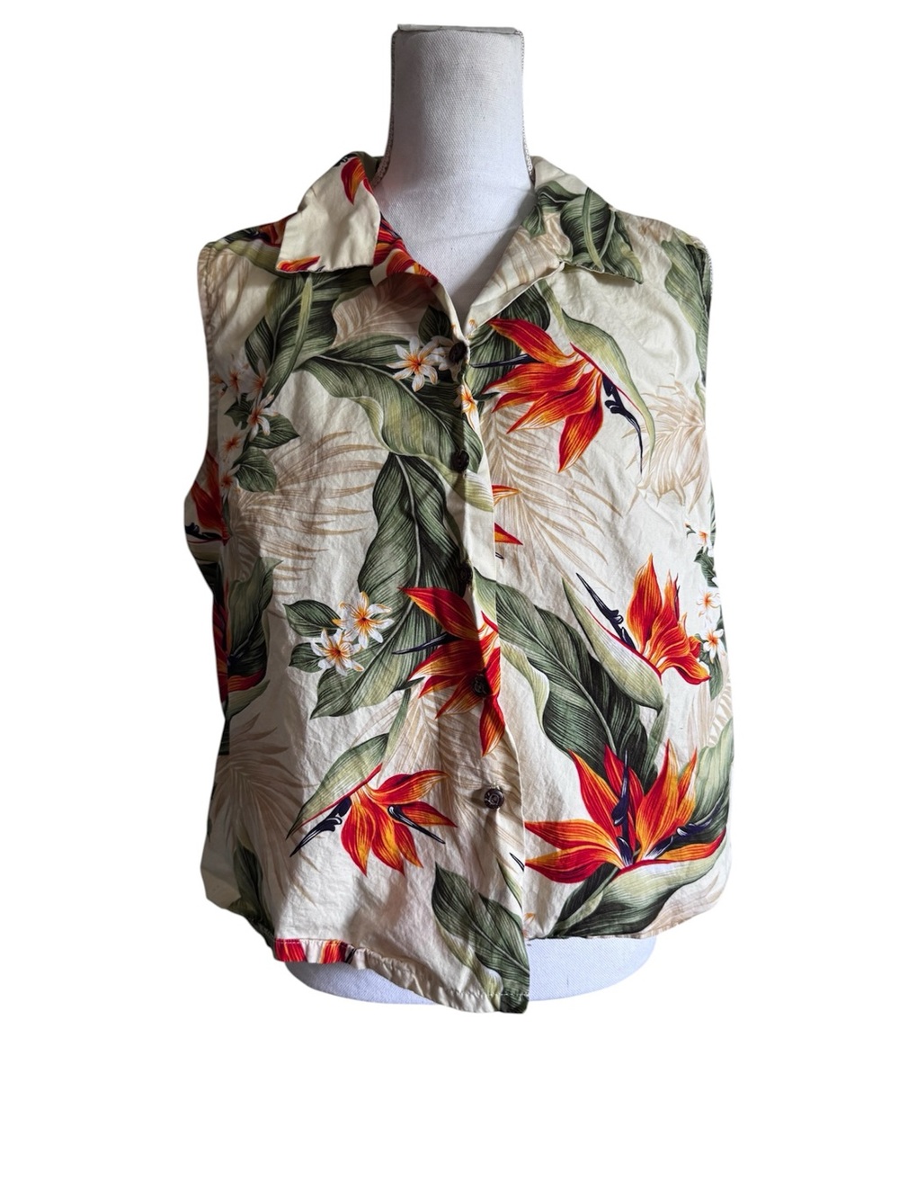 Vintage Sleeveless Hawaiian Tropical Shirt - Floral Bird of Paradise Print - 2XL